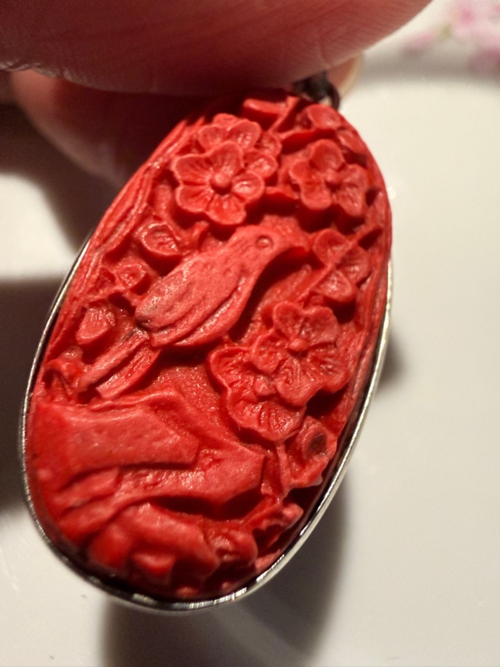 Carved Red Cinnabar-Style Oval Bird Pendant